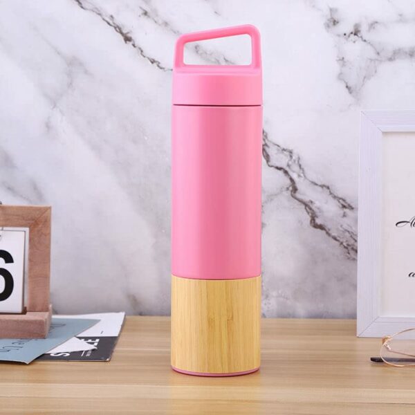 Bamboo Stainless Steel Insulated Water Flask Bottle with Detachable Tea Filter (Pink)