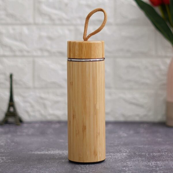 Bamboo Stainless Steel Insulated Flask with Carryring Loop Bamboo Water Bottle for Travellers 500ml BPA and Phalate Free