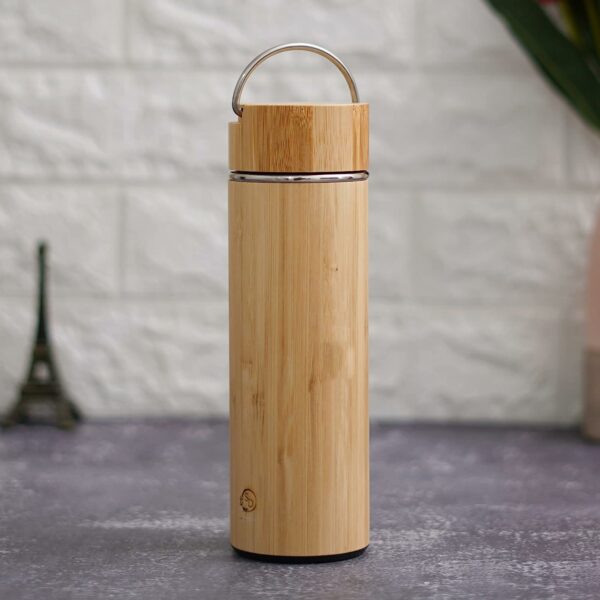 Bamboo Stainless Steel Insulated Flask Water Bottle with Carrying Handle