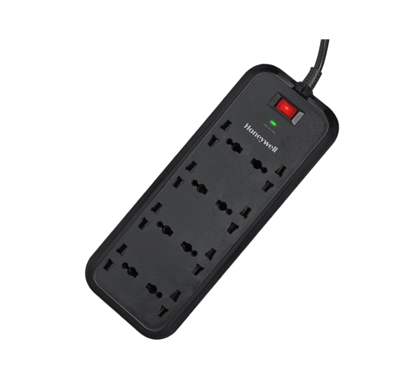Honeywell Surge Protector, 8 Universal Sockets, 2 Meter Cord, 20000Amp, Extension board -Black