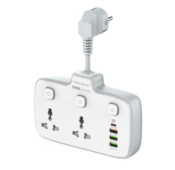 T Teclusive 2500W 10A Extension Power Strip with USB Ports | 2 Power Socket with 20W Type C USB