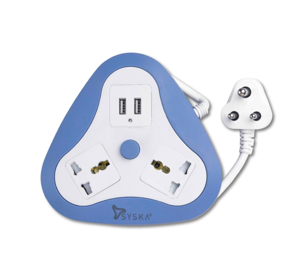 SYSKA EBU-2001 2 Way Power Strip with 2 USB 1.5 Meter Long (White, Blue)