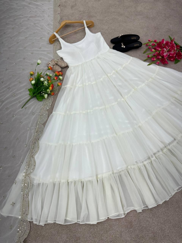 Anarkali Faux Georgette Gown With Fully 10 Meter Ruffle Flair and Full Stitched With Dupatta (White)