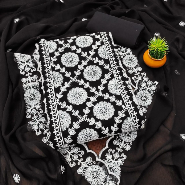 Women's Georgette Embroidered Unstitched Salwar Suit (Black)