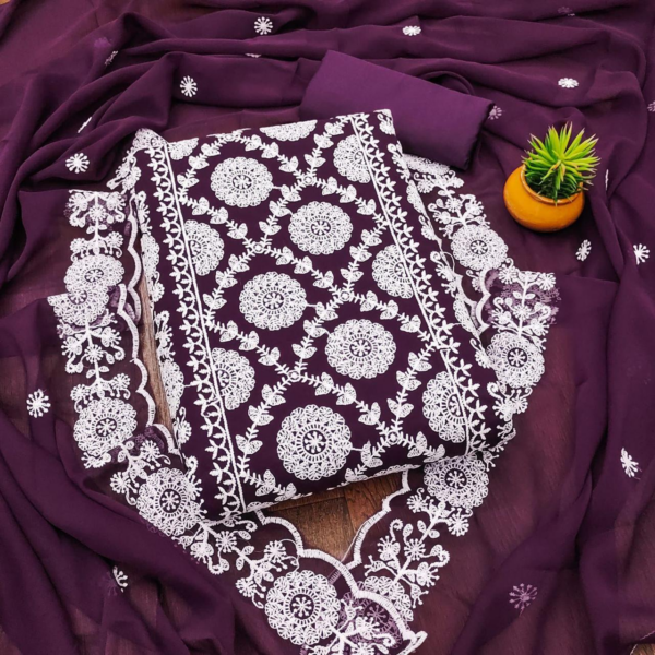 Women's Georgette Embroidered Unstitched Salwar Suit (Wine)