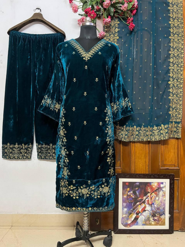 Velvet Top With Beautiful Embroidery & Heavy Velvet Palazzo - Image 2