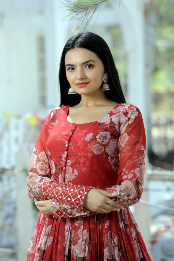 Faux Georgette Floral printed Designer Gown (Red) - Image 2