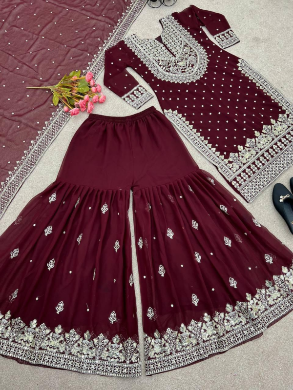 New Heavy Embroidery Sequence Work Top-Gharara And Dupatta Set Fully Stitched (Maroon)