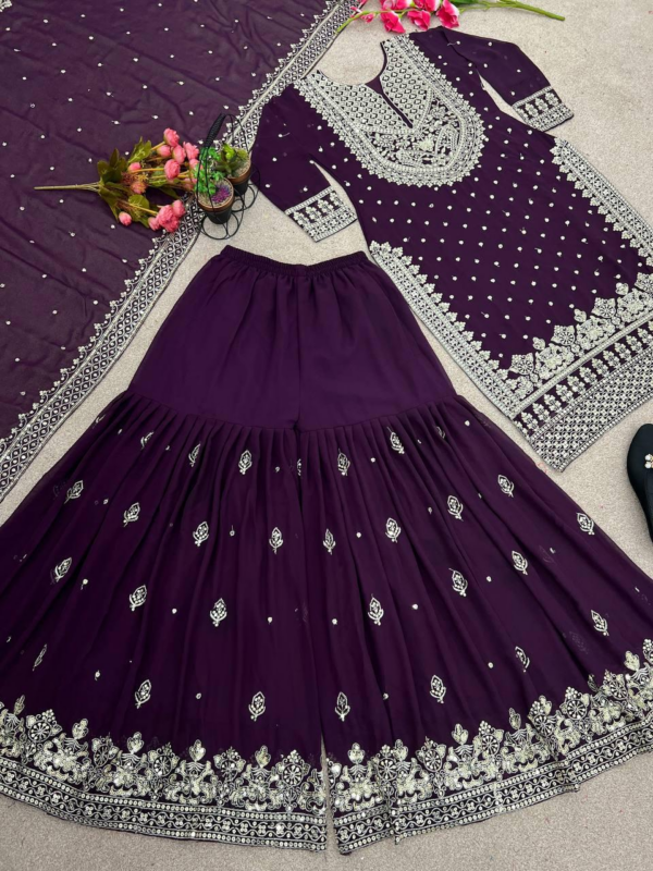 New Heavy Embroidery Sequence Work Top-Gharara And Dupatta Set Fully Stitched (Purple)