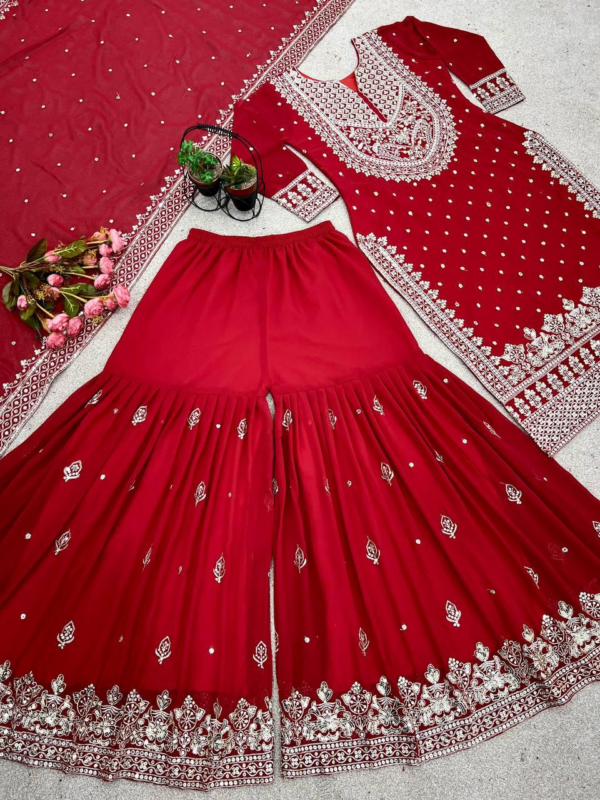 New Heavy Embroidery Sequence Work Top-Gharara And Dupatta Set Fully Stitched (Red)