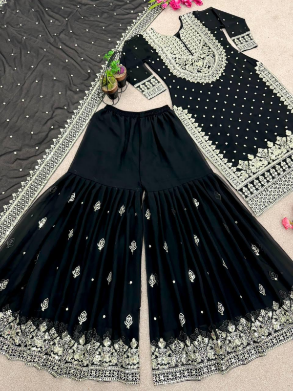 New Heavy Embroidery Sequence Work Top-Gharara And Dupatta Set Fully Stitched (Black)