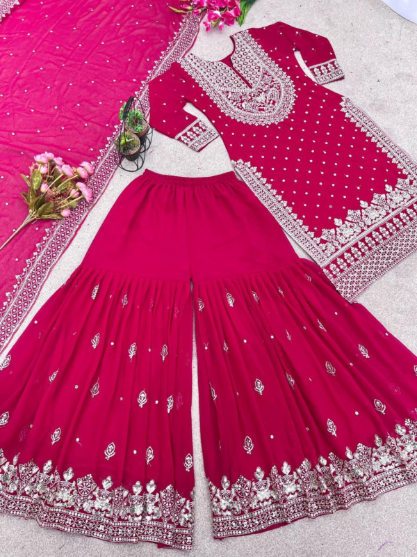 New Heavy Embroidery Sequence Work Top-Gharara And Dupatta Set Fully Stitched (Pink)