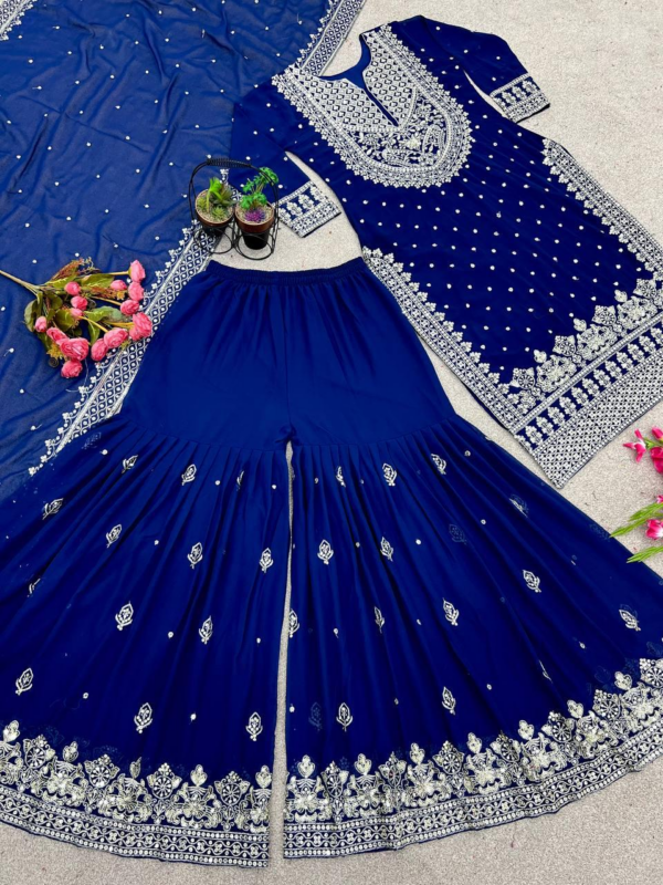 New Heavy Embroidery Sequence Work Top-Gharara And Dupatta Set Fully Stitched (Blue)