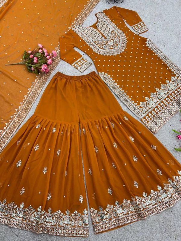 New Heavy Embroidery Sequence Work Top-Gharara And Dupatta Set Fully Stitched (Yellow)