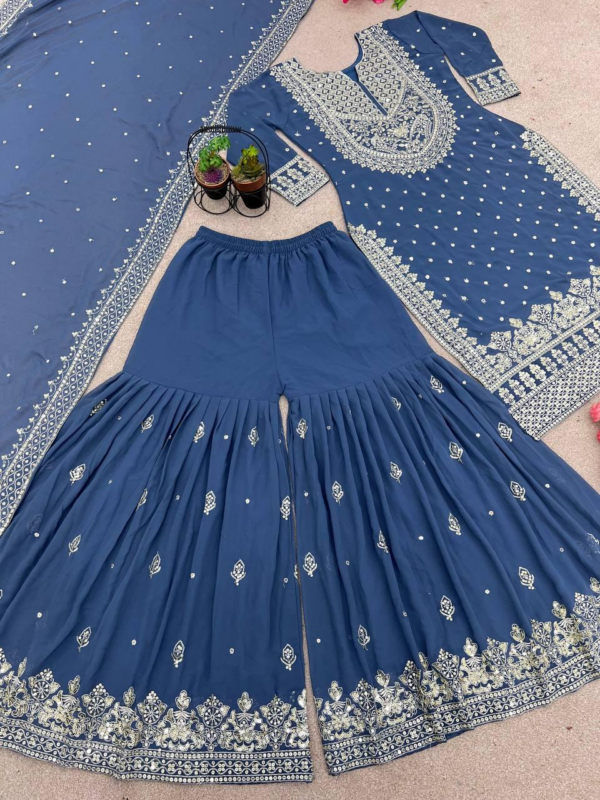 New Heavy Embroidery Sequence Work Top-Gharara And Dupatta Set Fully Stitched (Light Blue)