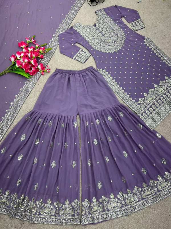 New Heavy Embroidery Sequence Work Top-Gharara And Dupatta Set Fully Stitched (Lavender)