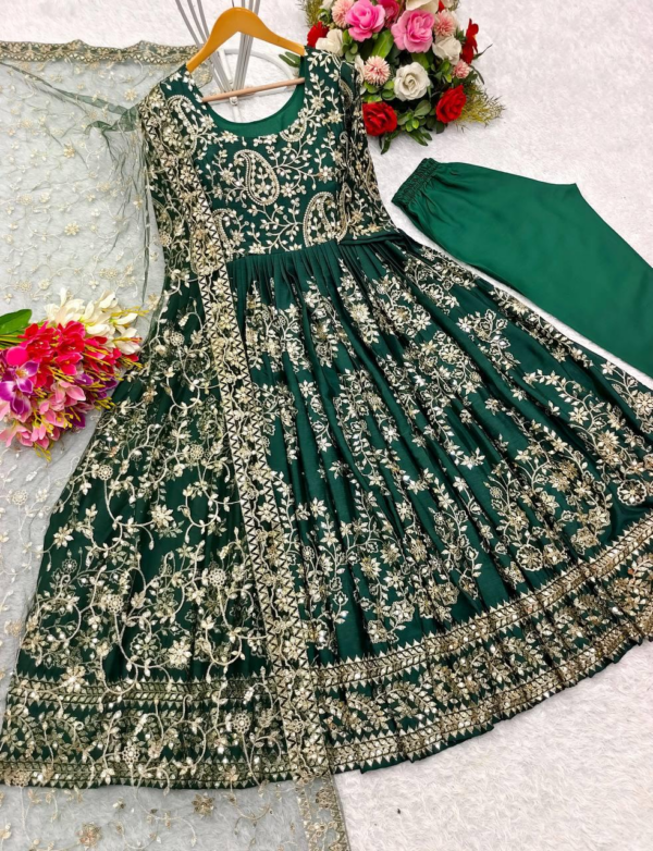 Newly Chinon Silk Gown -Pant Dupatta Set Fully Stitched (Green) - Image 2